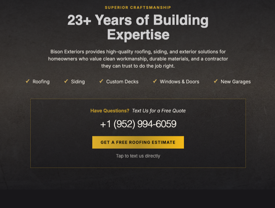 Bison Exteriors contact section showing estimate request and phone call options
