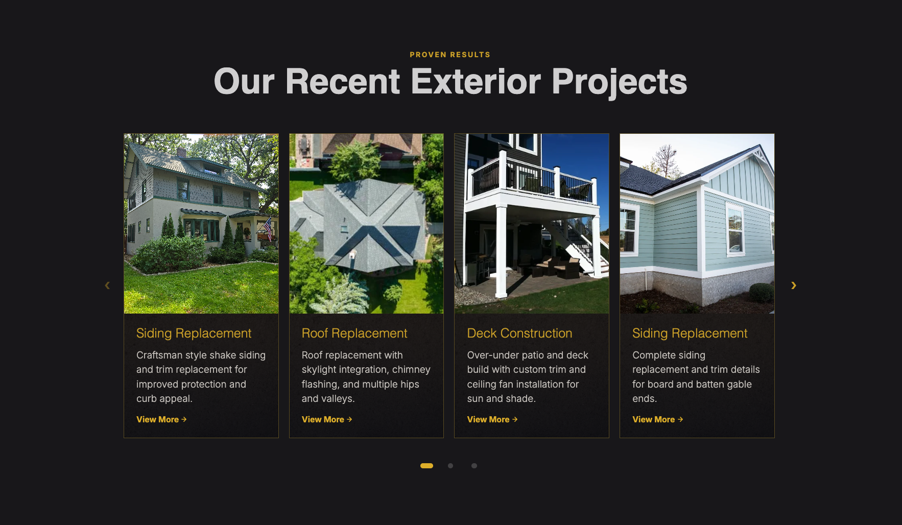 Bison Exteriors project section showing real exterior project photos and service proof
