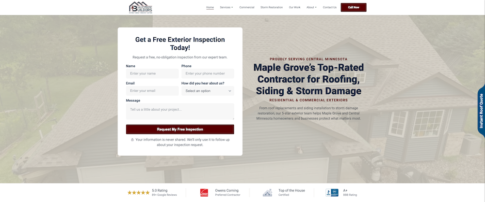 Bulletproof Builders homepage hero section with inspection form and call-to-action buttons