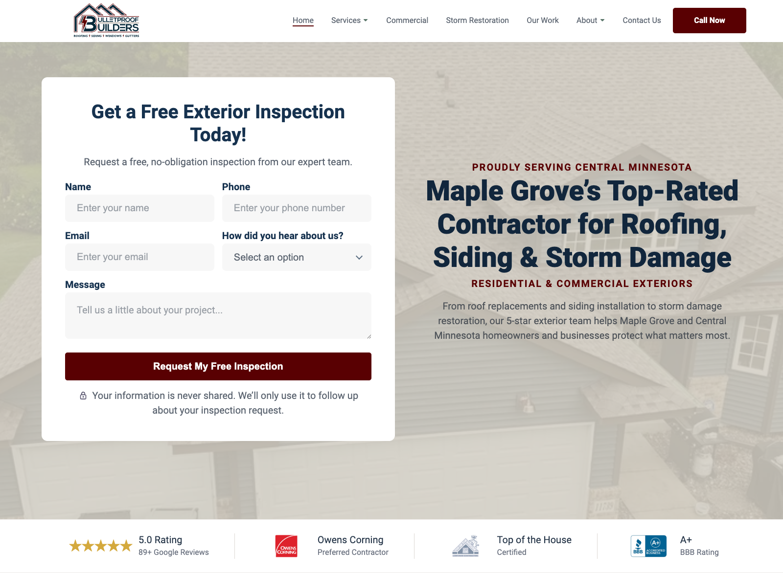 Redesigned Bulletproof Builders website with a clear service headline, trust bar, and free inspection form
