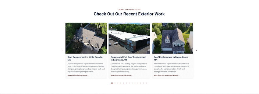 Bulletproof Builders project cards showing completed roofing and exterior work