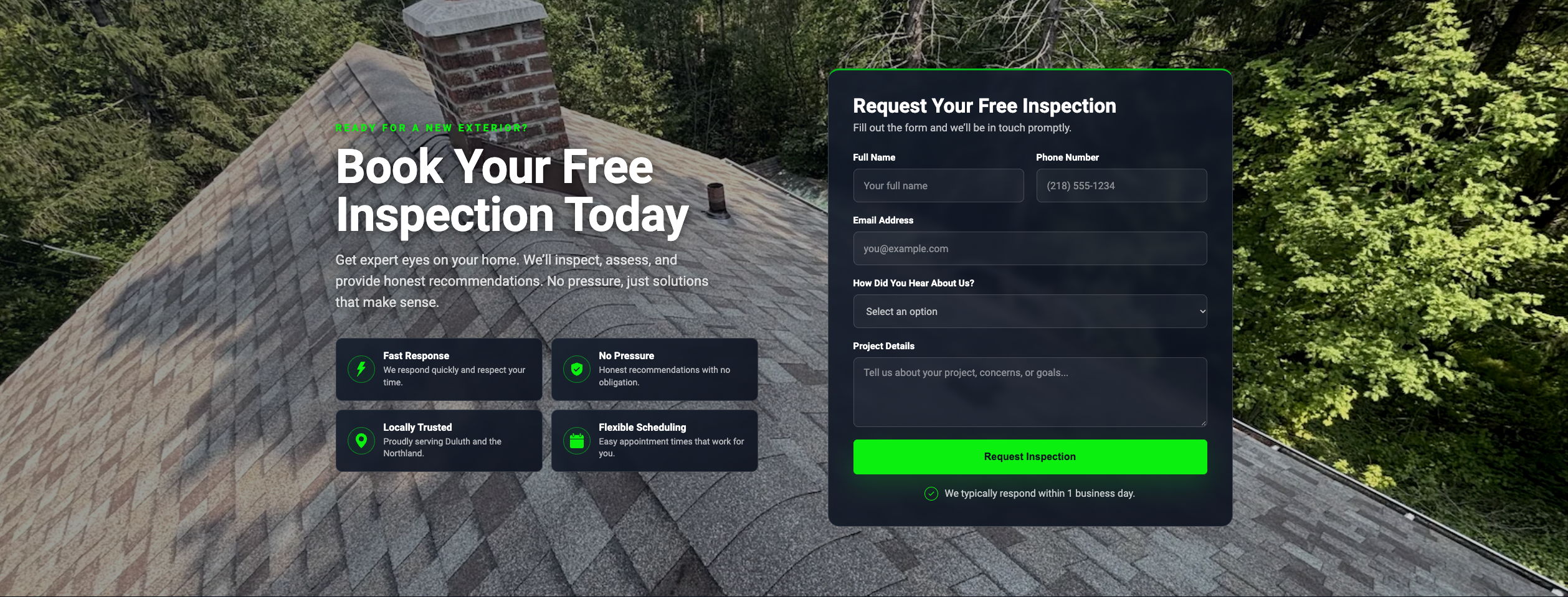HCL Exteriors inspection request form on a service page
