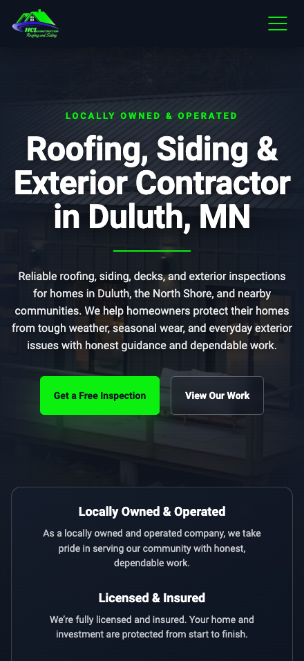 HCL Exteriors website shown on mobile