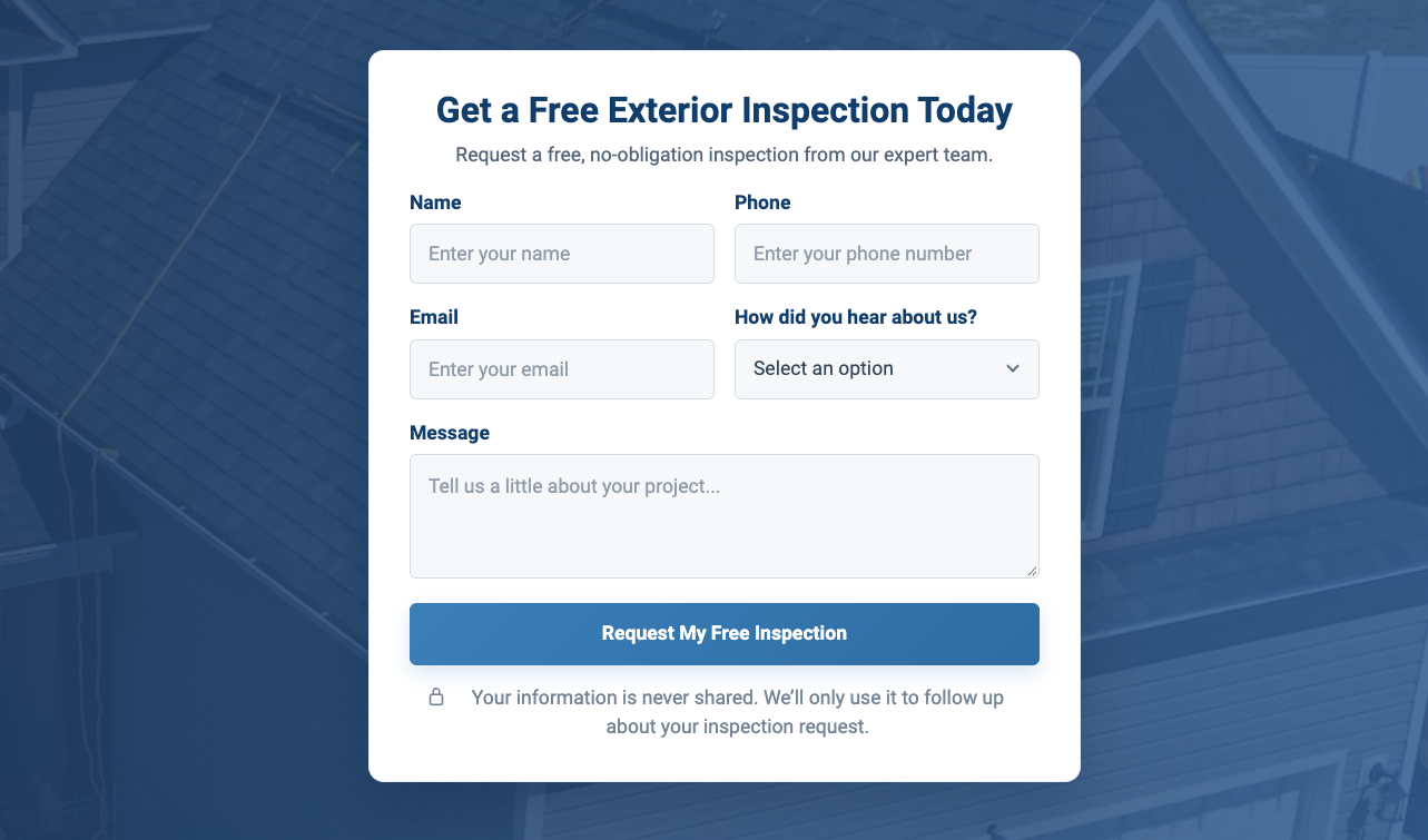 K Preisler Construction inspection request form on a service page