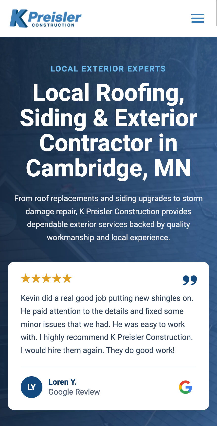K Preisler Construction website shown on mobile