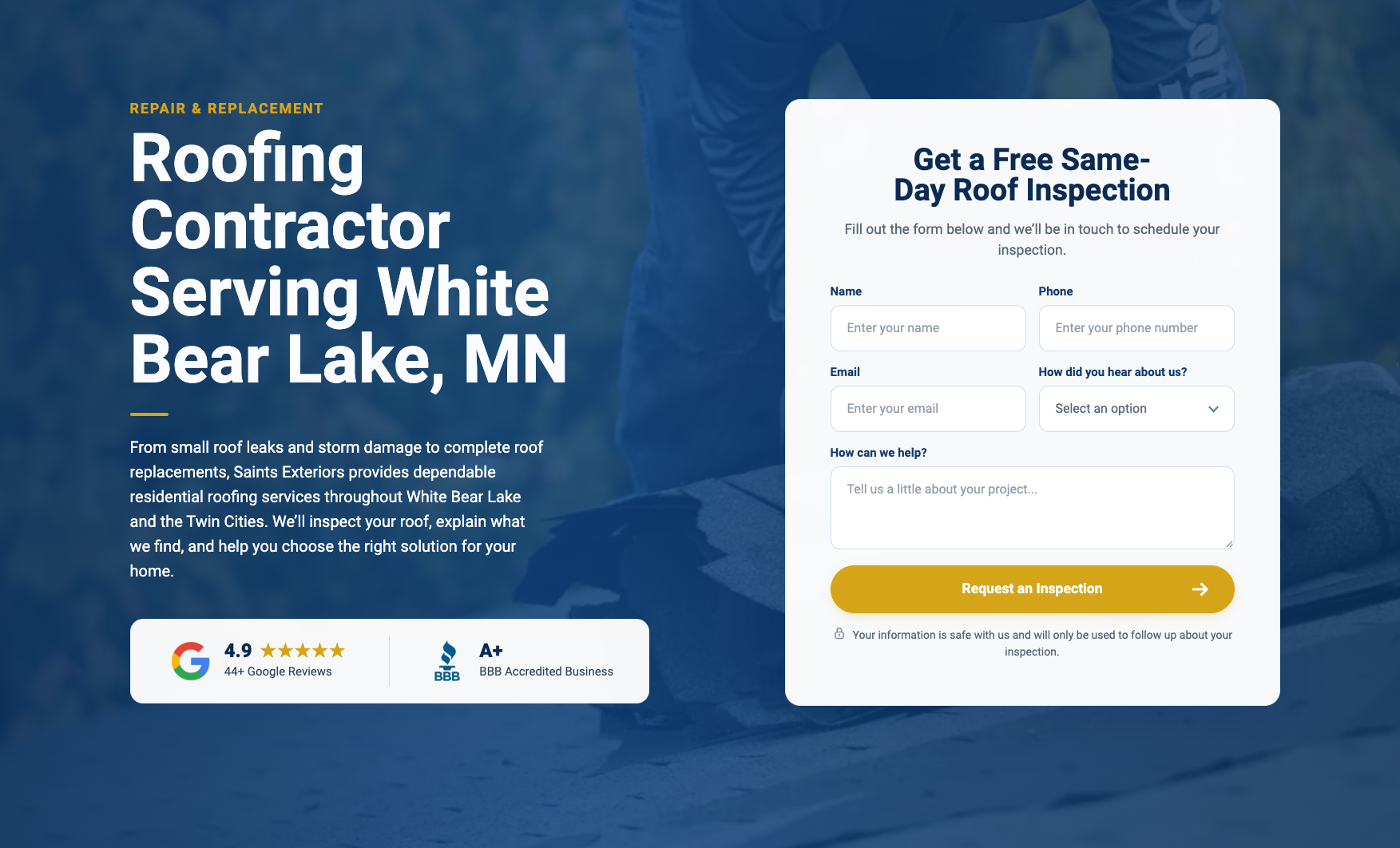 Saints Exteriors exterior inspection request form on a service page