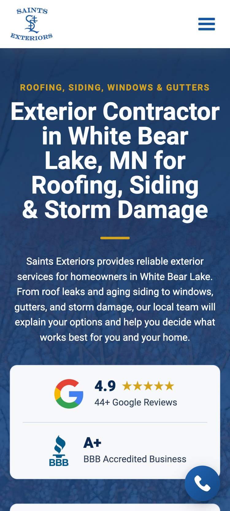 Saints Exteriors website shown on mobile