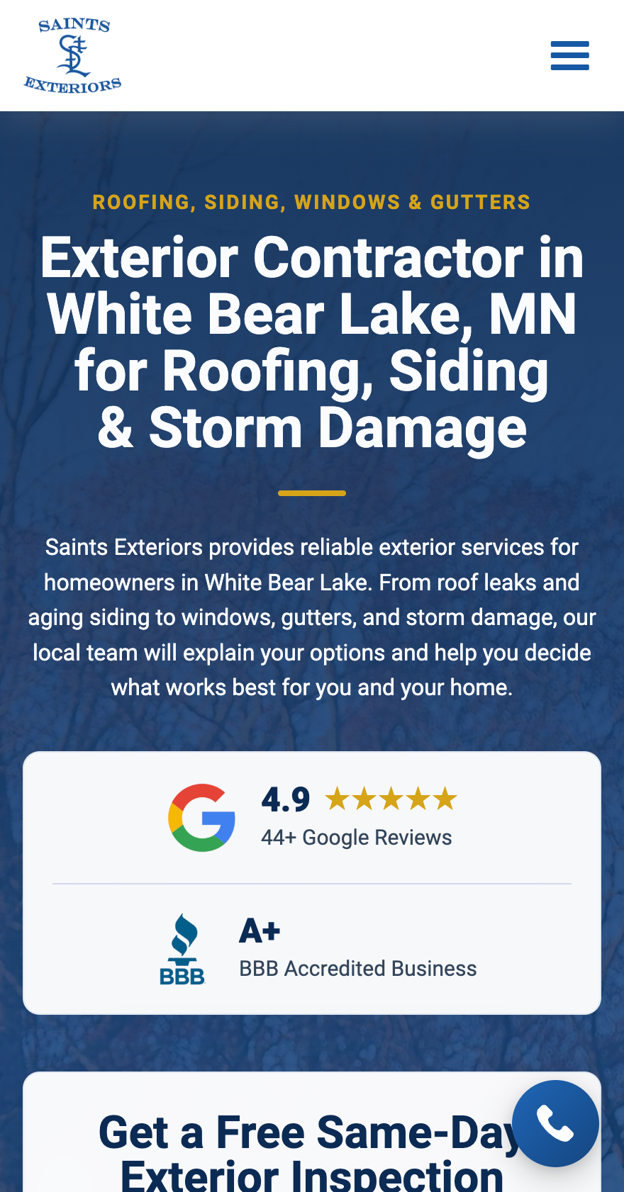 Saints Exteriors website shown on mobile