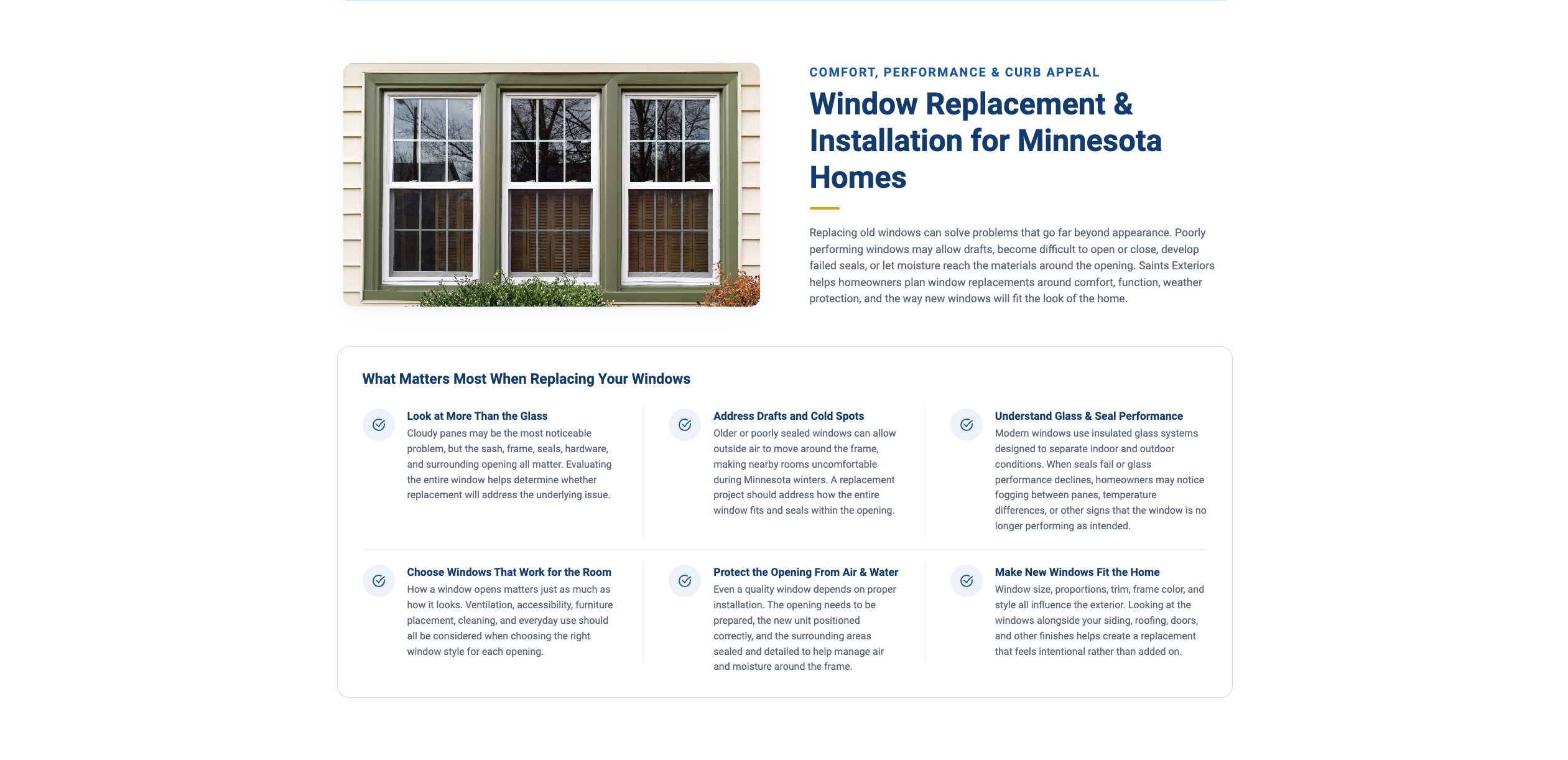 Saints Exteriors service page showing locally relevant roofing and exterior information